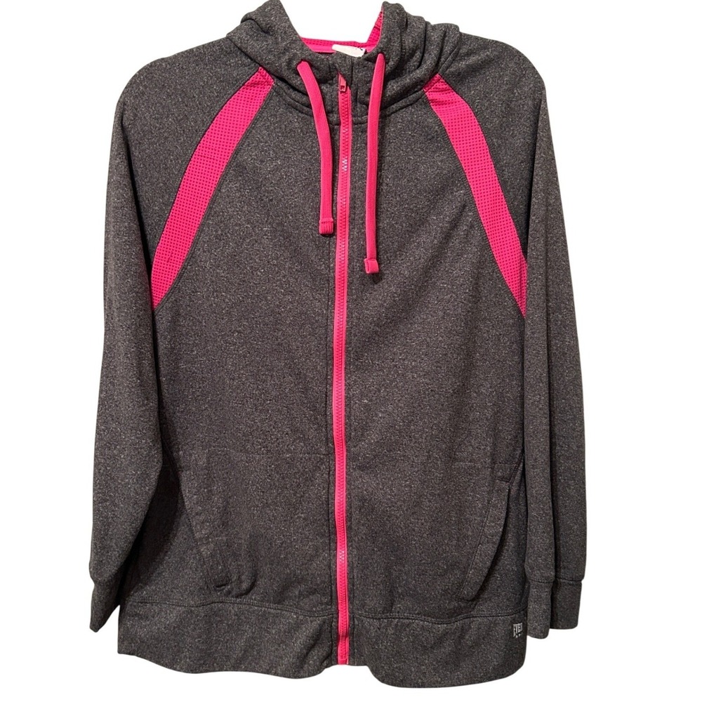 Everlast Sport Womens Full Zip Hoodie Gray Neon Pink Mesh Fleece Jacket Large